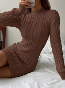 SHEIN EZwear Women's Solid Color Long Sleeve Backless Fitted Sweater Dress, Autumn/Winter - Brown - View 3