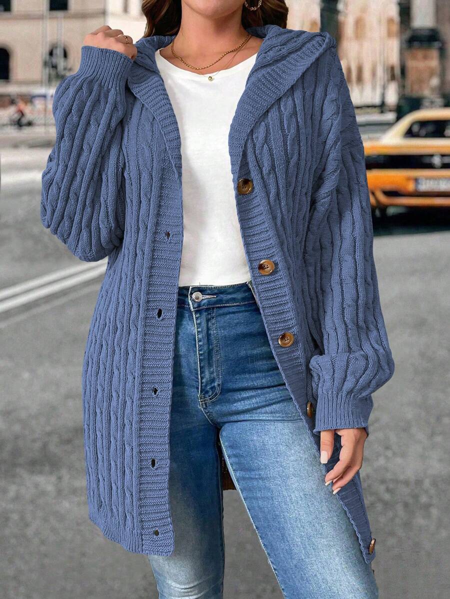 SHEIN Unity 大码女士时尚休闲长袖纽扣连帽灯笼袖纯色罗纹针织开衫毛衣夹克，适合冬季 - 藏蓝色 - 查看 1