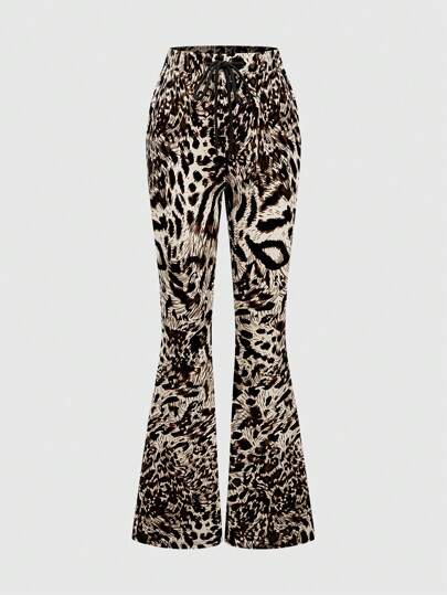 Pantalon évasé en velours avec imprimé léopard tout-sur-tout, style vintage Y2K