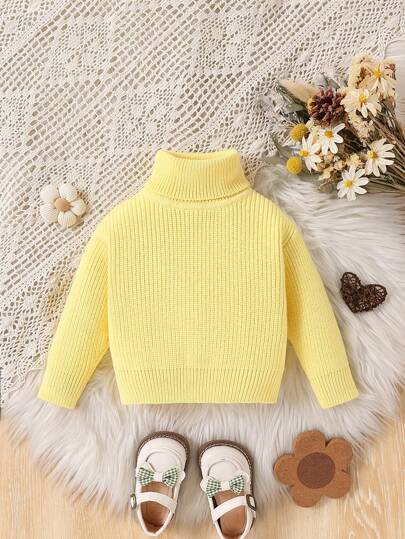 SHEIN Vintaside Kids 女婴休闲日常纯色高领毛衣，秋冬