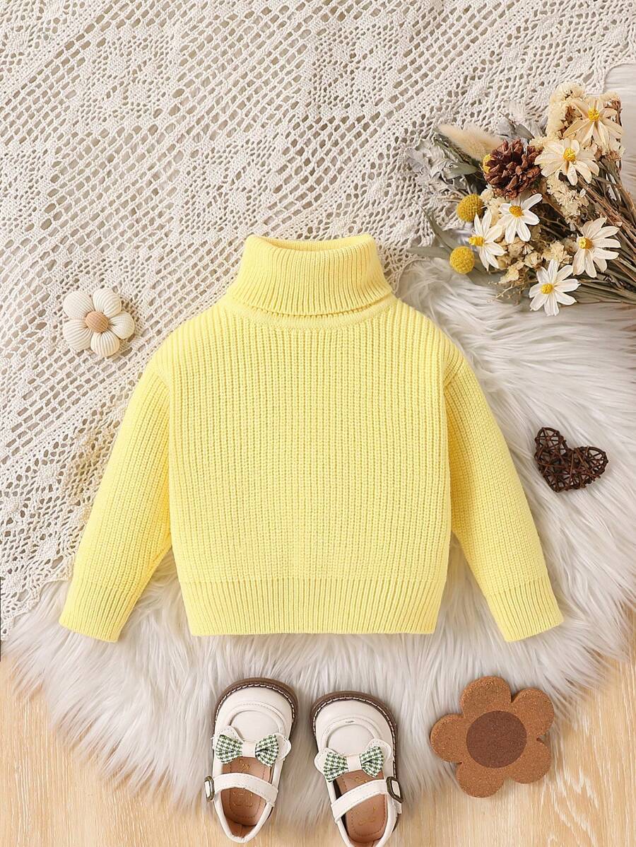 SHEIN Vintaside Kids 女婴休闲日常纯色高领毛衣,秋冬 - 黃色 - 查看 1