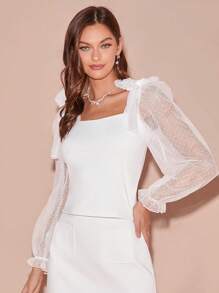 Enchnt 1 chiếc áo sơ mi chấm bi lưới dài tay cổ vuông thanh lịch dành cho nữ - trắng - Xem 4