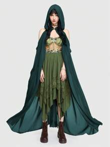 ROMWE Fairycore 森林精灵女王复古连帽斗篷，轻便 - 墨綠色 - 查看 1