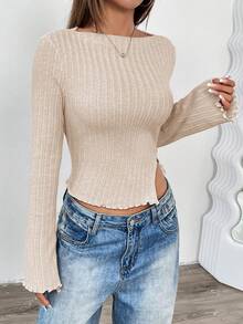 SHEIN Essnce 1 件女式纯色针织圆领长袖开衩下摆修身 T 恤 - 卡其色 - 查看 4