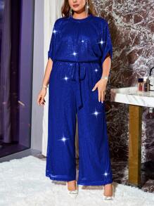 SHEIN Privé Plus Size Glitter Jumpsuit, Comfortable, Elegant, Luxurious, Loose With Self-Tie For Women, All Season Wear - Blue - View 4