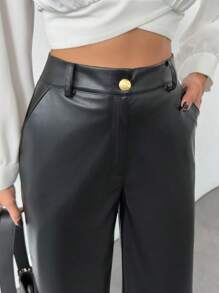 EURMUSE Plus Size Gold Button Detailed Straight Fit Leather Pant - Black - View 3