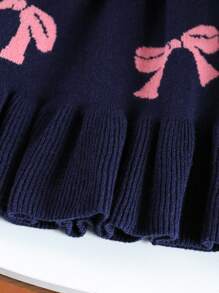 年轻女孩 2 件套针织套装，可爱蝴蝶结设计领毛衣和褶边下摆裙子冬季套装 - 藏蓝色 - 查看 5