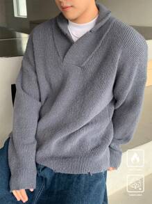 Claim Dot 男士立领休闲纯色纯色落肩宽松针织长袖毛衣，适合秋冬季外出、朋友聚会 - 深灰色 - 查看 3