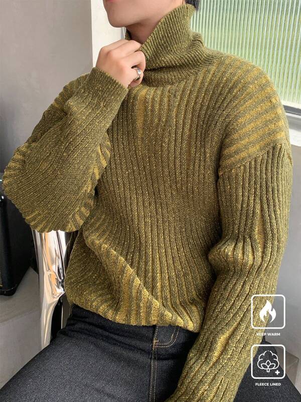 Manfinity CasualKnits Men's Casual Everyday High Neck Loose Color Block Drop Shoulder Long Sleeve Pullover Sweater, Autumn/Winter For Going Out, Friends