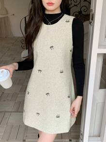 DAZY 1pc Women Bow Embroidered Mid-Length Dress, Cute Style For Autumn/Winter