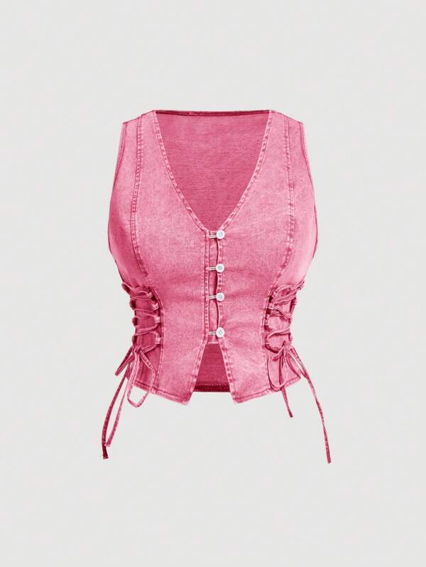 SHEIN MOD Plus Size Denim Vest, Vintage Tie-Up Bodycon Sleeveless Jacket, Going Out Tops, Cute Tops School, Back To School Clothes, Preppy Tops, Khaki Tops, Tight Tops, Cute Women Shirts, Fitted Shirt, Fall Clothes
