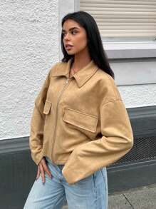 SHEIN EZwear Women's Solid Color Front Zipper Long Sleeve Simple Casual Pocket Bomber Jacket - Khaki - View 1