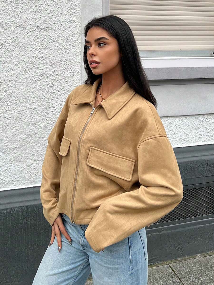 SHEIN EZwear Women's Solid Color Front Zipper Long Sleeve Simple Casual Pocket Bomber Jacket - Khaki - View 1