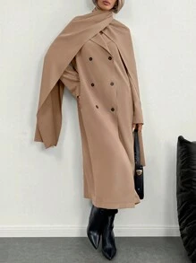 SHEIN Clasi Wrap Scarf Cape Double-Breasted Straight Long Coat Fall Cloth For Women - Khaki - View 4