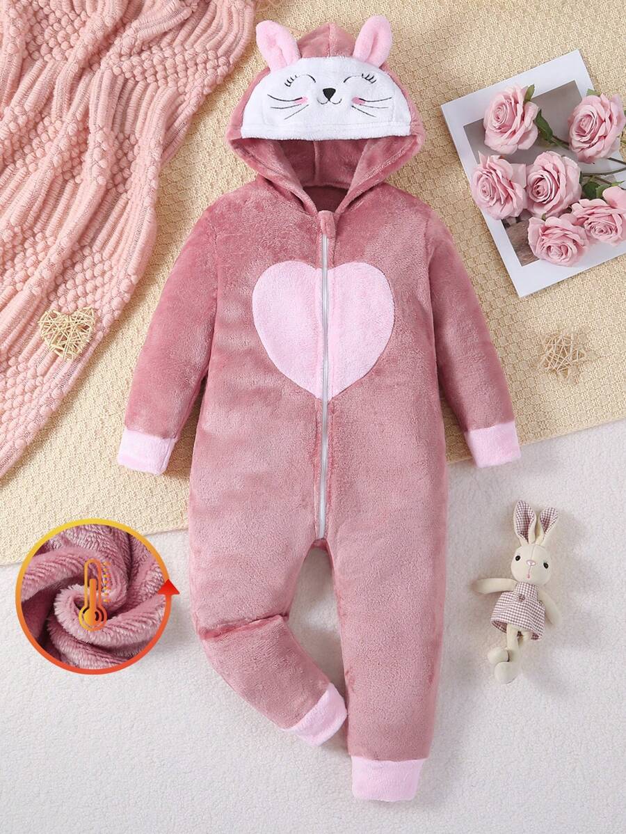 年轻女孩舒适长袖羊毛连体裤家居服，简约优雅的设计，浮雕粉色 - 藕粉色 - 查看 1