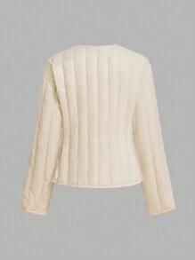 SHEIN Essnce 1 件女式 V 领前扣羽绒长袖羽绒夹克，冬季，短款羽绒夹克，羽绒夹克，保暖，保暖，羊毛，寒冷天气 - 杏色 - 查看 3