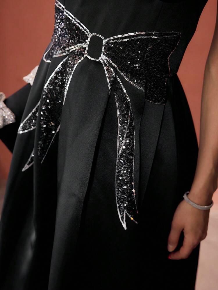 CONTRAST SEQUIN BOW PATTERN BUSTIER SLIP MIDI DRESS