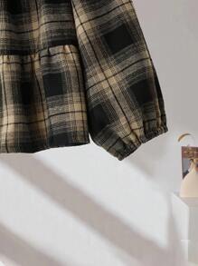 SHEIN LUNE 大码女式格子 V 领荷叶边下摆衬衫，秋季女式衬衫 - 黑色 - 查看 4