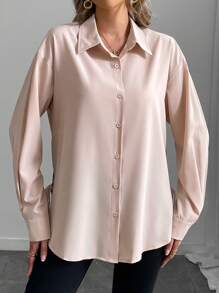 INAWLY Solid Drop Shoulder Split Hem Shirt For Spring & Summer,Long Sleeve Tops Fall Cloth For Women - Khaki - View 3