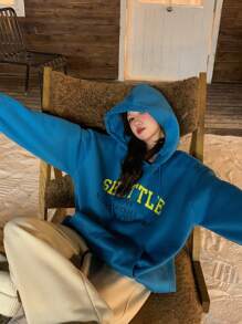 DAZY 女士休闲字母图案大口袋运动衫，蓝色连帽衫，秋季女装 - 藍色 - 查看 4