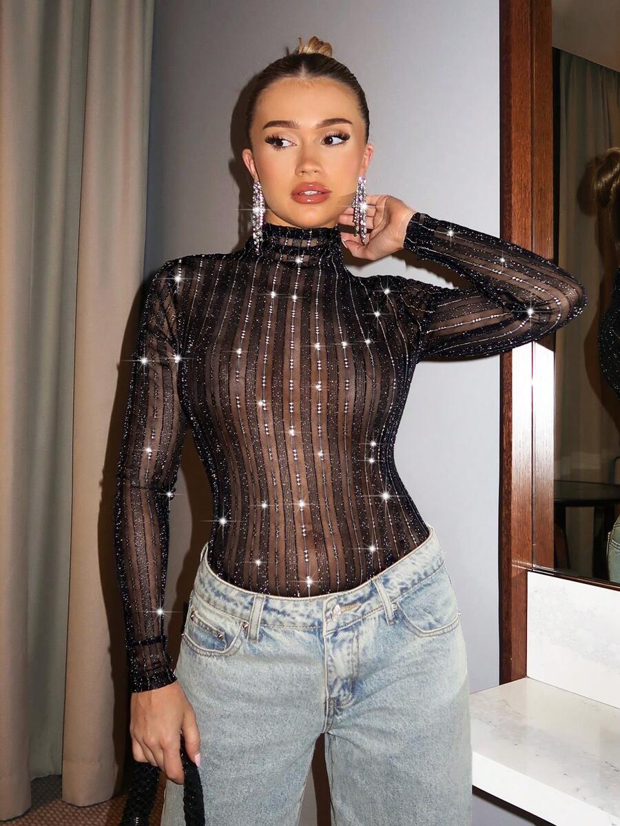 SHEIN BAE 优雅女士闪亮透视性感紧身衣，适合夜店派对、约会、外出和 Y2K 圣诞节服装 - 黑色 - 查看 1