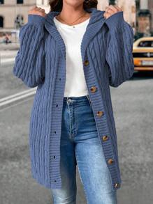 SHEIN Unity 大码女士时尚休闲长袖纽扣连帽灯笼袖纯色罗纹针织开衫毛衣夹克，适合冬季 - 藏蓝色 - 查看 4