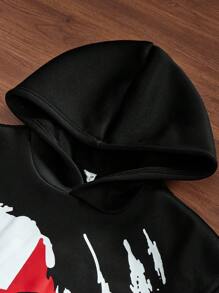 SHEIN Leap Crew 2 件青少年男孩宽松休闲图案连帽衫和运动裤套装 - 黑色 - 查看 6