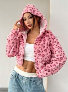 Muchica 1 Stück Damen Leoparden Muster Kapuzen Kurze Plüschjacke, Winter - Pink - Übersicht 4