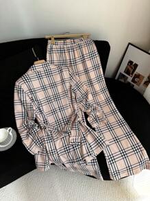 SHEIN Clasi 2 件格子印花翻领长袖西装外套和裤子休闲套装 - 彩色 - 查看 2