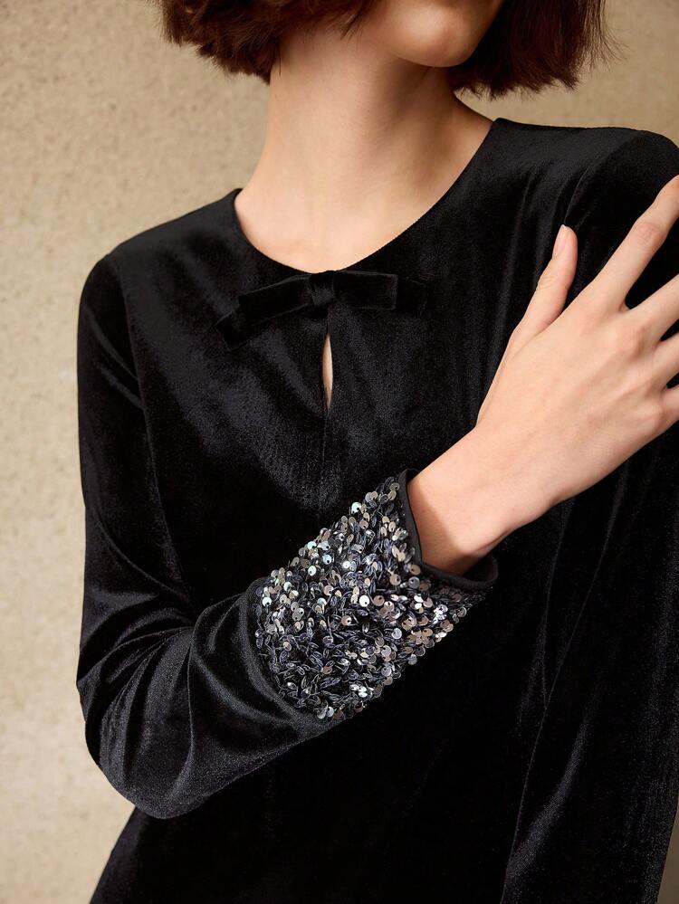 VELVET AND SEQUIN PANEL BOW FRONT SLIM FIT SHORT DRESS