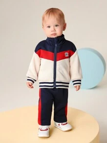 2pcs Baby Boys Blue-Red-White Colorblock Zipper Jacket And Pants Winter Outfit - Multicolor - View 5