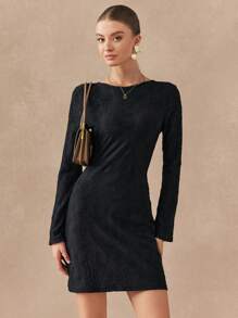 Chiquease Damen einfarbiges Crew-Neck Langarm einfaches kurzes Lässig Kleid