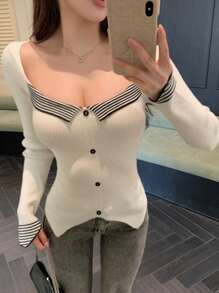 DAZY Stripe Patchwork Slit Fitted Minimalist Knitted Sweater For Women,Fall Clothes
