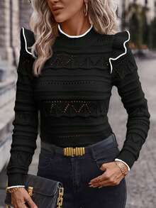 SHEIN Clasi Áo len khoét lỗ tay lửng viền màu tương phản cho nữ, mùa thu/đông - màu đen - Xem 3