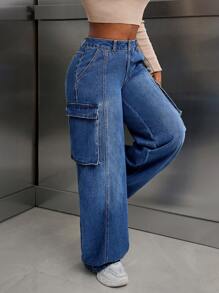 SHEIN SXY Women's Utility Pocket Wide Leg Relaxed Casual Denim Jeans