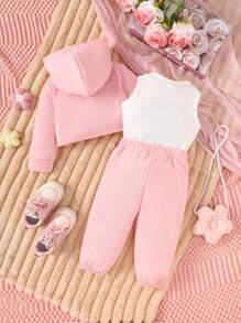1 Set Baby Girl 3D Floral Decor Long Sleeve Hooded Jacket, Minimalist Crew Neck Sleeveless Top & Pants