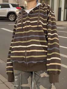 INAWLY Women's Casual Everyday Striped Zip-Up Drawstring Hooded Loose Sweatshirt, Autumn Graduation,Back To School Outfits,Graduation,Teacher Outfits For Women,Back To School Pullover Fall Outfit - Brown - View 1
