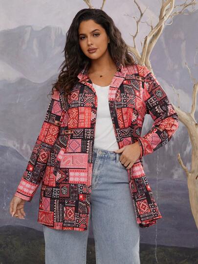 SHEIN VCAY Plus Size Allover Print Casual Buttoned Front Long Sleeve Jacket