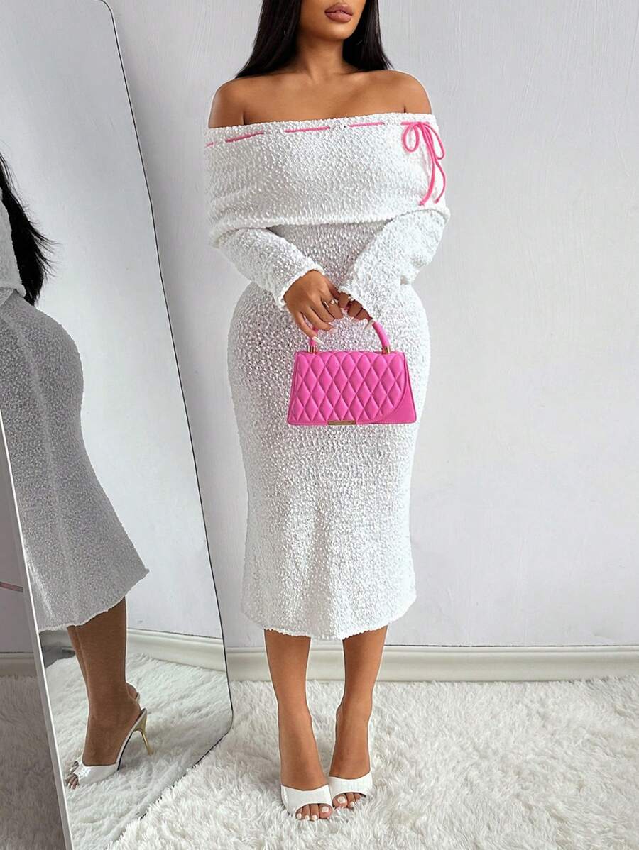 Zolique 全新纹理白色立领蝴蝶结露肩毛衣裙 - 白色 - 查看 1