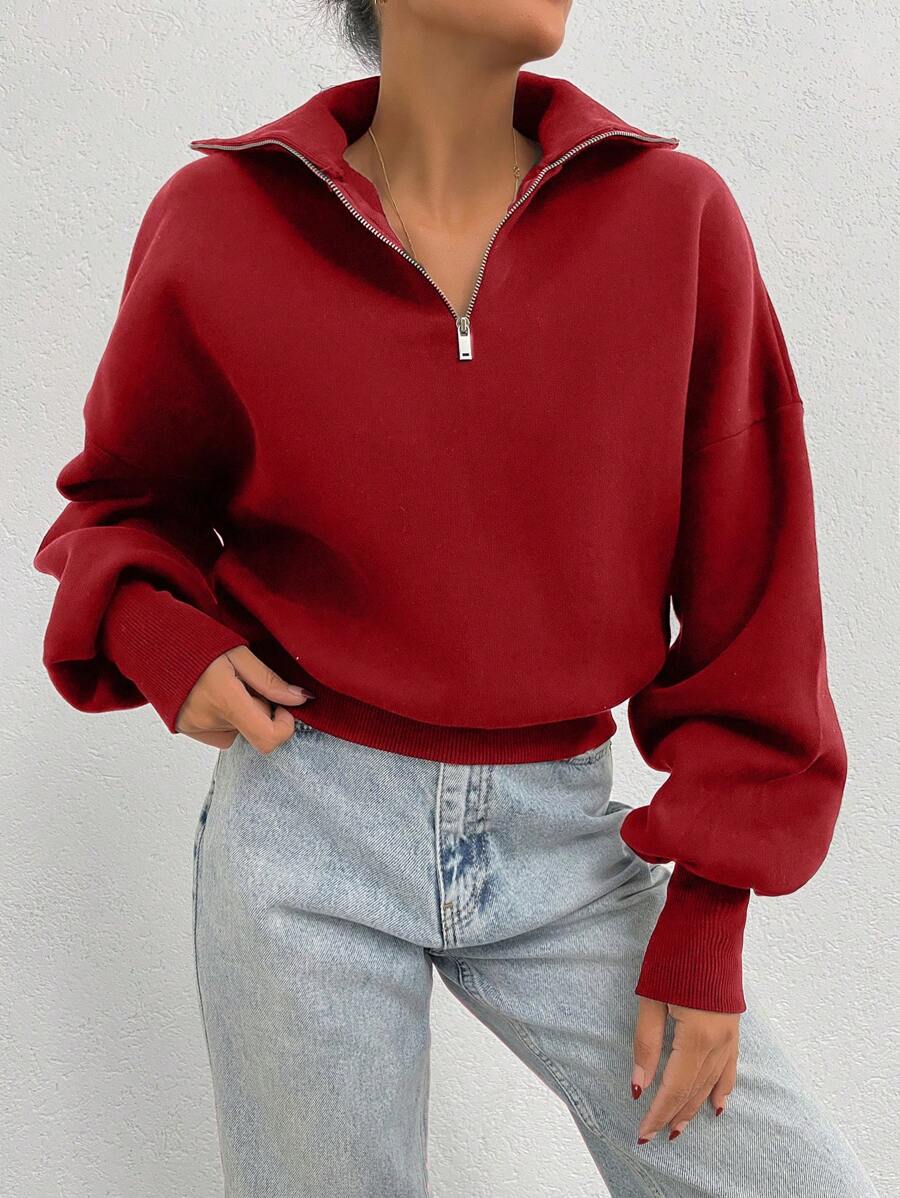 EURMUSE 100% Cotton Collar With Zipper Pattern Oversize Sweatshirt - Red - View 1