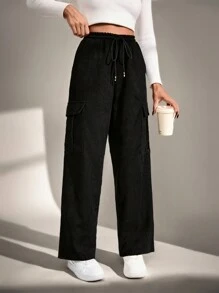 EURMUSE Comfortable And Convenient Pockets Elastic Waist Tie Corduroy Trousers - Black - View 5