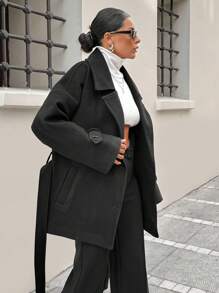 SHEIN Cottnline 女士纯色前扣长袖口袋休闲夹克，简约日常穿着 - 黑色 - 查看 5