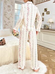 CottageSlumber Set de 2 piezas de pijama con estampado de textura de burbujas, cuello con volantes y apertura al frente, para temporada festiva y vacaciones