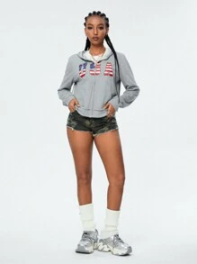 SHEIN EZwear Áo hoodie dài tay có khóa kéo họa tiết thể thao cơ bản hàng ngày dành cho nữ của Hoa Kỳ - Màu Xám nhạt - Xem 3