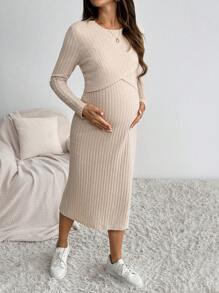 SHEIN Vestido de maternidad y lactancia, vestido casual de manga larga y cuello redondo de unicolor, otoño