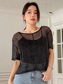 DAZY Women Loose Fit Sheer Round Neck Short Blouse Top Going Out Tops - Black - View 4