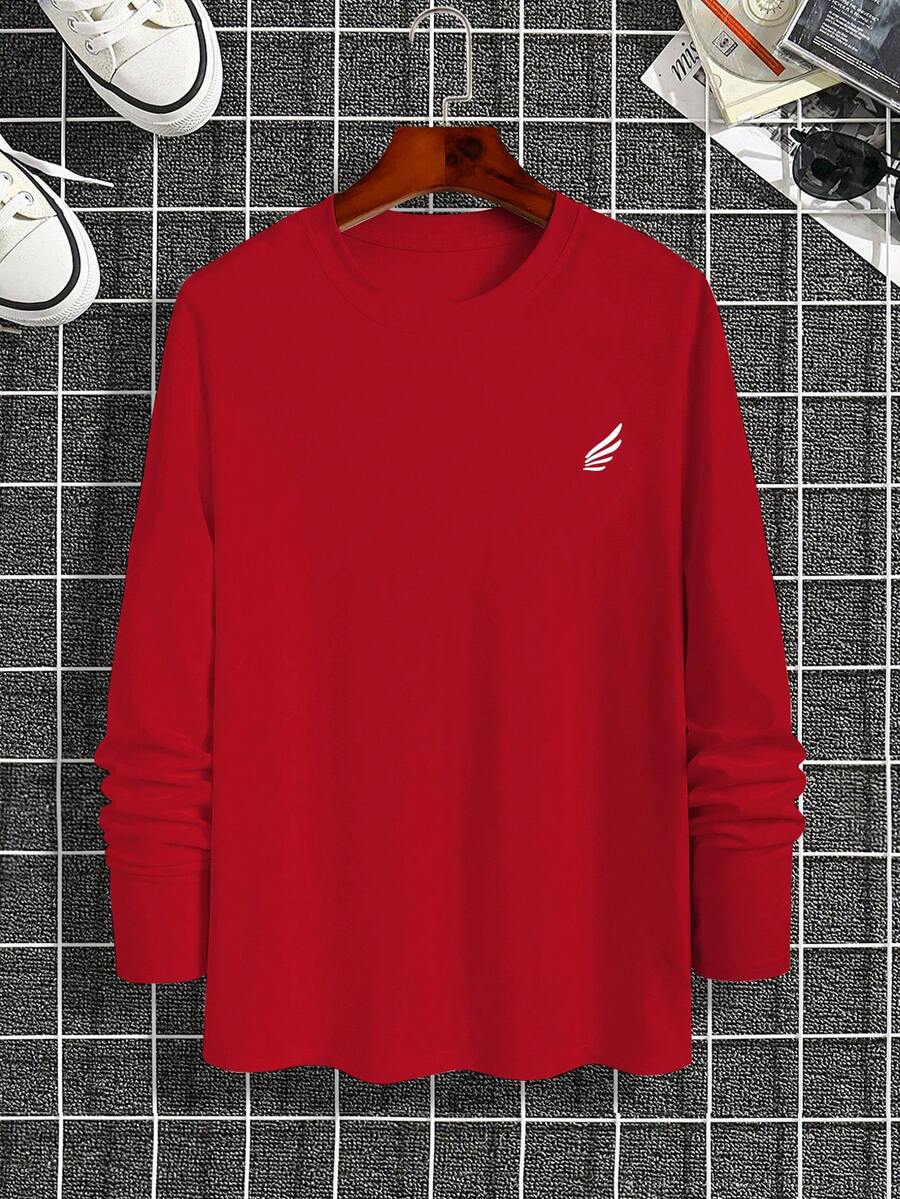 Manfinity Homme T-shirt à manches longues à col rond avec imprimé d'ailes, pour homme, usage quotidien décontracté, automne - Rouge - Voir 1