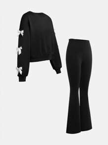 Girlism Teen Girl 2pcs/Set Black, Sweet Knitted Solid Color Knitted Sweatshirt, Bow Decoration, Loose Casual Round Neck Pull Over Bell And Bottoms