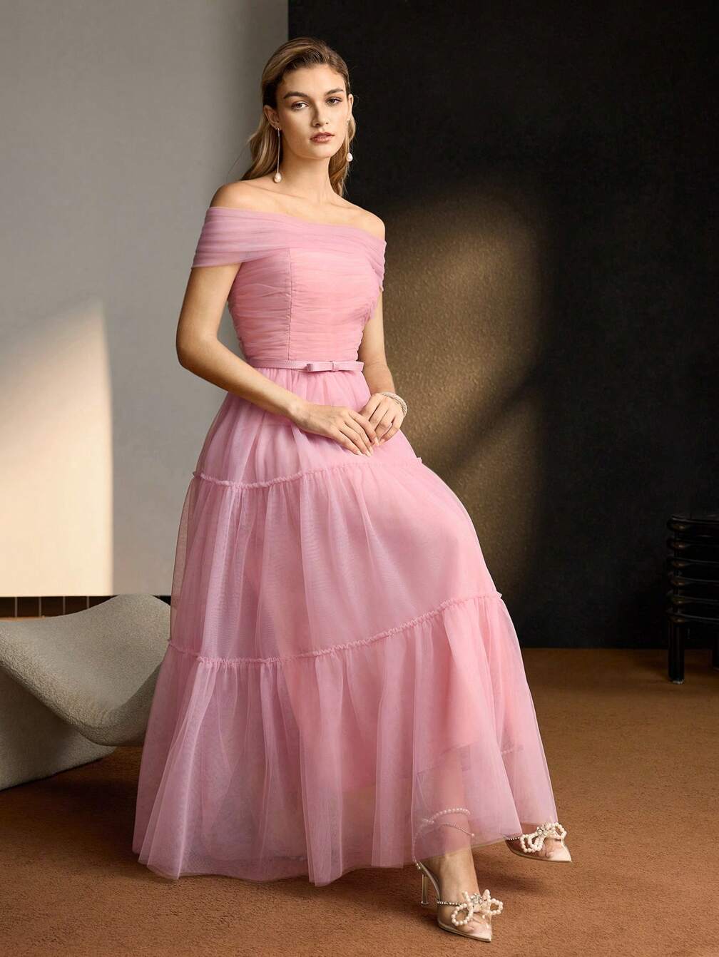 MOTF Soiréza MESH OVERLAY OFF SHOULDER RUCHED BODICE TIERED HEM