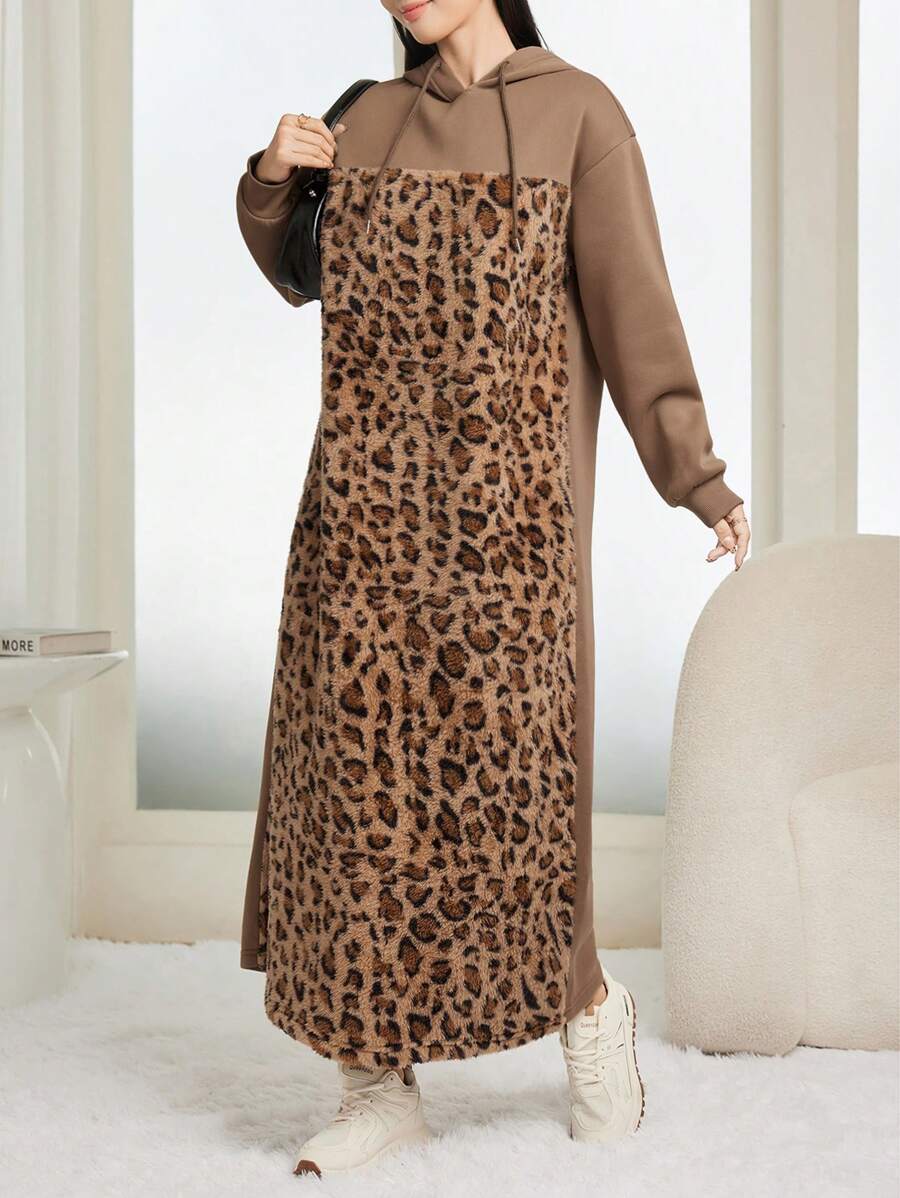 Mulvari 女士宽松豹纹拼布长款连帽连衣裙，时尚秋冬 - 棕色 - 查看 1